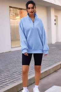 Sudadera de punto con cuello levantado y logotipo personalizado para mujer, 100% de algodón, informal, de Color sólido, cálida, con media cremallera, para invierno, venta al por mayor - Product Image 2