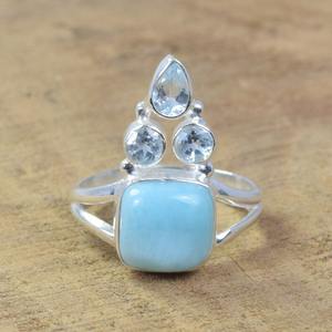 Anillo de piedras preciosas Larimar de Plata de Ley 925, joyería hecha a mano, anillo de estilo bohemio de plata, joyería para mujer, regalo de boda para esposa - Product Image 2