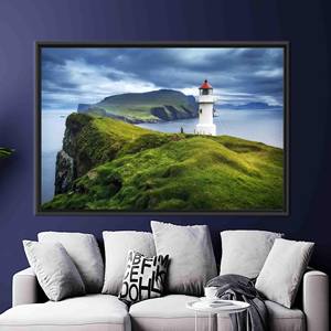 Toile imprimée du phare de Mykines, vue sur les îles Féroé, 1P : encadrée en noir - Product Image 1