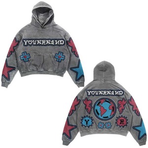 Nueva llegada Logotipo de diseño personalizado moda Hip Hop Vintage piedra lavada Chenille Distress apliques bordado Crop Hoodie - Product Image 4