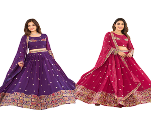 2024 O-Neck Casual Women's Georgette Floral Fox Embroidered Floor-Length Lehenga Choli Heavy Patchwork Wedding Wear Washable - Product Image 1