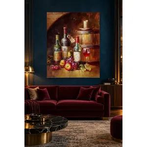 Impresión en lienzo de Fida con botellas y uvas frente a un barril de vino - Product Image 2