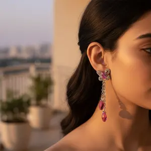 Boucles d'oreilles pendantes en cuivre tendance religieuses avec pierres précieuses roses pour les bijoux de fête des femmes, cadeau - Product Image 3