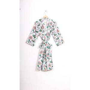 Vintage Cotton Kantha Kimono Robe Handmade Block Print Floral Design V-Neck Drawstring Closure Breathable Eco-Friendly Summer - Product Image 6