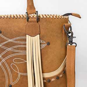 Sac fourre-tout en cuir véritable cousu de qualité supérieure de style occidental, bohème, avec pompon personnalisé, fermeture éclair, écologique, pour femmes, fleurs - Product Image 6