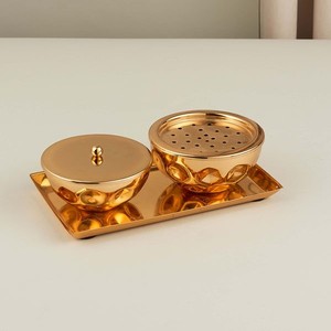 Ensemble de brûleur à encens en métal martelé or et argent de luxe avec plateau, bol rond pour encens Bakhoor Oud, décoration d'intérieur, ornement - Product Image 4