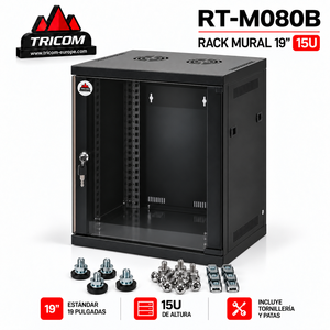 Gabinete de red TRICOM de 19 pulgadas y 15U para montaje en pared con puerta de vidrio y cerradura, incluye tornillos y patas - Product Image 3