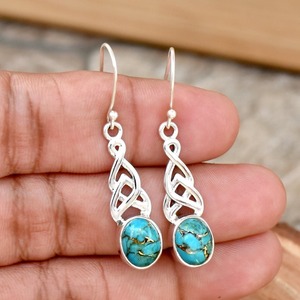 Boucles d'oreilles pendantes faites à la main à la mode 925 bijoux en argent Sterling pierre précieuse Turquoise naturelle 925 bijoux en argent massif estampillé - Product Image 4