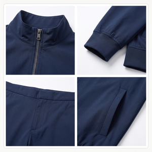 Ensemble de survêtement deux pièces zippé pour homme en polyester/spandex épais délavé, coupe-vent à col montant uni, séchage rapide - Product Image 4