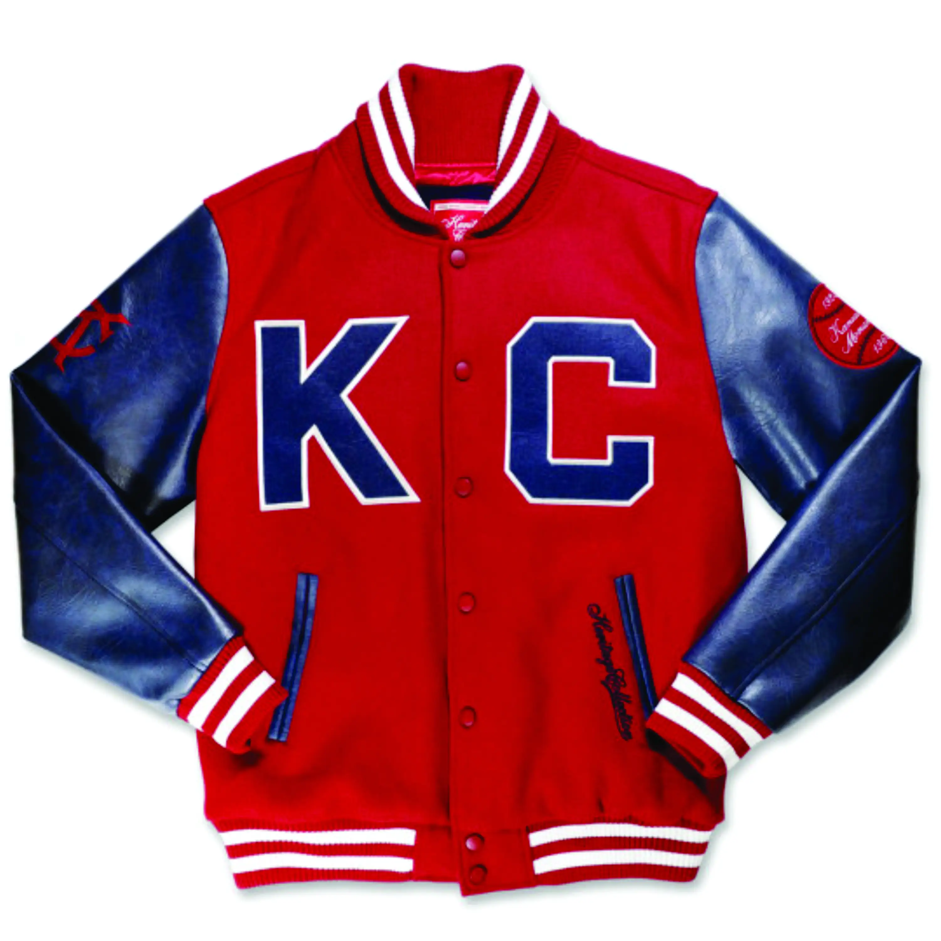 Navy 50% Wool 50% Polyester Body PU Leather Sleeves Kansas City Monarchs Wool Baseball Jacket