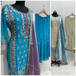 Tissu lourd en fausse georgette avec séquence de chaîne et travail manuel de perles pour le costume de Sarara de fête pakistanaise indienne - Product Image 3