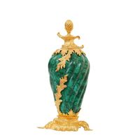 Urne élégante en malachite plaquée or 24 carats, sculptée à la main, design Art Déco écologique, personnalisable, pour une décoration intérieure haut de gamme