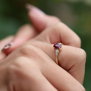 8x6mm Oval Cut Red CZ Engagement Ring | Three <b>Stone</b> Ring Women | Gold Band Bridal Wedding Promise Ring Anniversary Jewelry - Product Image 4