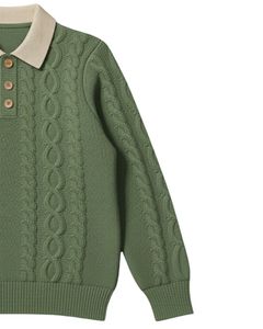 Suéter Polo de Punto Trenzado Personalizado para Hombre, Manga Larga, Cuello con Botones, Cuello en Contraste, Jersey de Invierno en Verde Oliva - Product Image 3