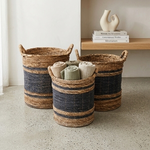 Natural Banana Bark Recycled <b>Plastic</b> <b>Basket</b> Set Black Stripe Coiled Cylinder Arch Handle Pot Planter Pure Art Setup Room Decor - Product Image 6