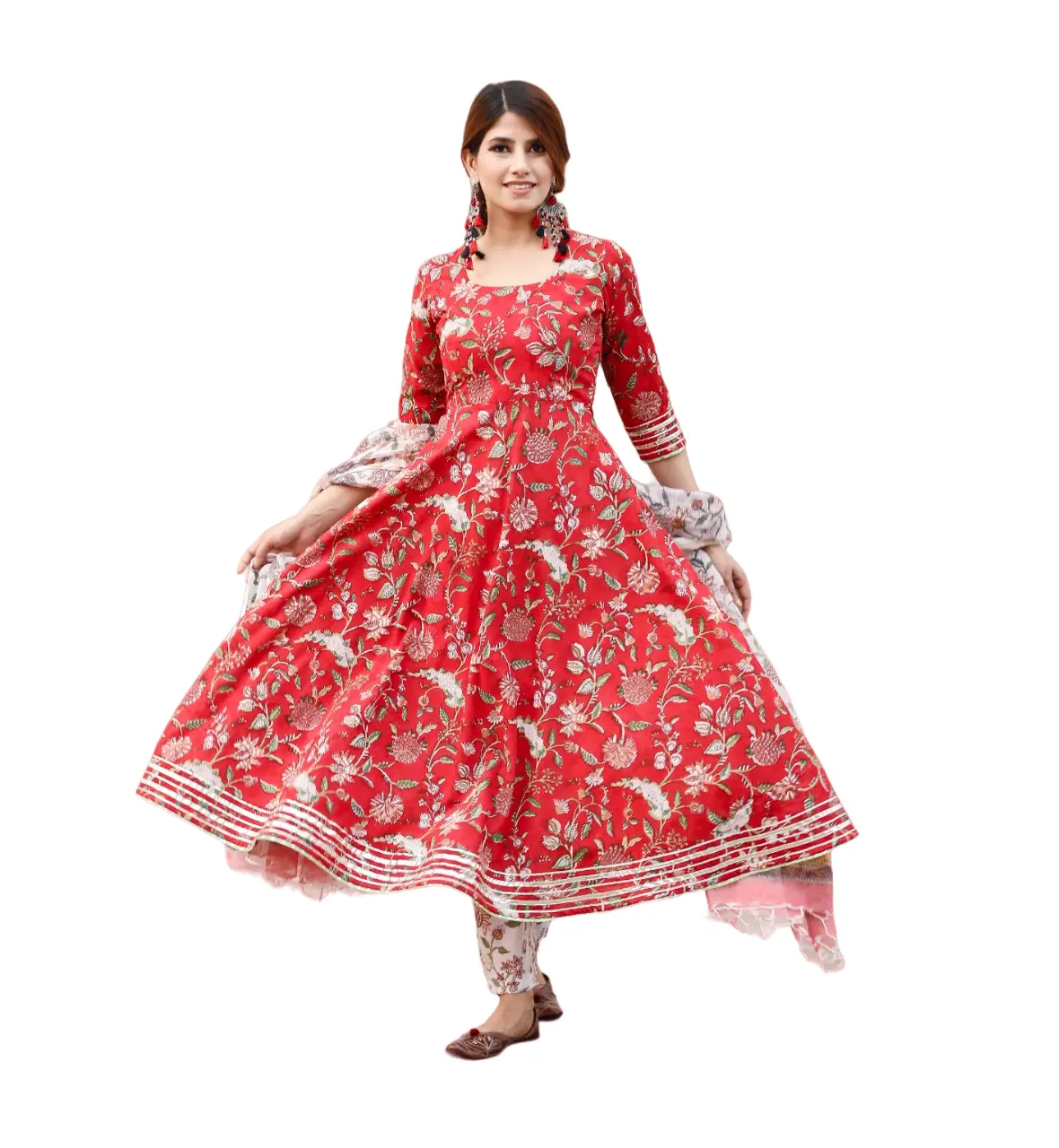 New Designer Party Wear Fancy Red Cotton Printed Anarkali Kurta With Dupatta Set Kurti Pant Set Wholesale Price Ethnic Wear