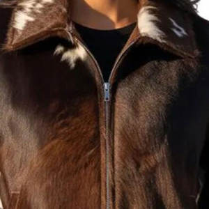 Veste en cuir de vache à imprimé vache pour femmes, style western, fermeture éclair intégrale, texture de fourrure naturelle - Product Image 5