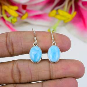 Pendientes de gota clásicos de Plata de Ley 925, piedras preciosas Larimar de corte ovalado elegante para regalos de compromiso o aniversario - Product Image 1