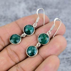 ต่างหูอัญมณีสีเขียวมรกตสีเขียว925สีเงินทรงกลมต่างหูแบบห้อยสำหรับผู้หญิงของขวัญต่างหูสำหรับเธอ - Product Image 3