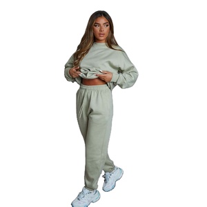 100% coton sauge 2 pièces femmes col rond sweat et jogger à revers ensemble respirant à capuche et pantalons de survêtement femmes survêtement ensemble - Product Image 1