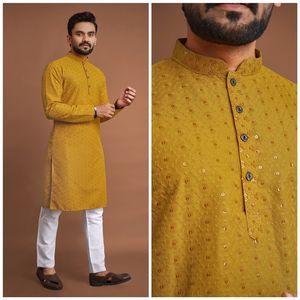 Kurta de algodón recto Manyawar para hombre con trabajo de lentejuelas Sherwani de seda elegante para niños - Product Image 4