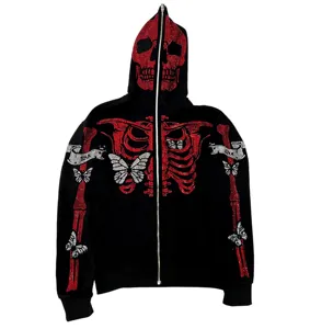 Full Face Zip Up Hoodies Men Skeleton Hoodies No Strings Heavy Cotton Polyester Custom Rhinestones Hoodies