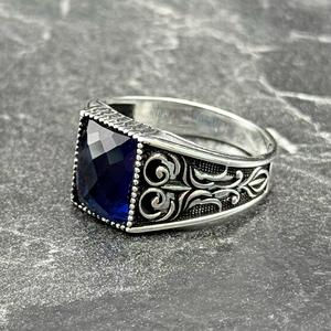Bold Blue Square Sapphire <b>Ring</b> for <b>Men</b> Sterling <b>Silver</b> Statement Jewelry Perfect Gift for Him - Product Image 3