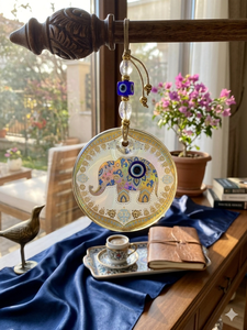 DNB1001 13 cm Handmade Elephant Evil Eye <b>Wall</b> <b>Hanging</b> Ornament with Embossed Glass Nazar Bead and Gold Stripes - Product Image 4