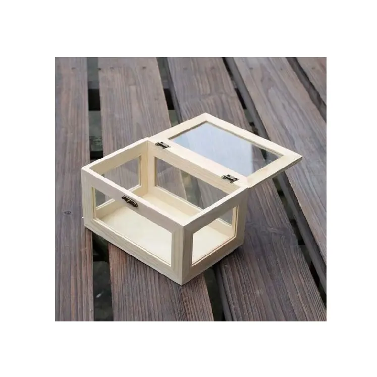 Scatola di legno rivestita di vetro trasparente a buon mercato scatola regalo di pino scatola di immagazzinaggio artigianato in legno fatto a mano per le vacanze