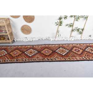 Turkish Herki Runner Rug 2.7x11.6 ft (81x354 cm), Vintage <b>Brown</b> Moroccan <b>Wool</b> Rug - Product Image 3