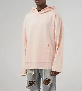 Custom <b>Men</b> Streetwear Pullover <b>Hoodies</b> 300 Gsm French Terry oversized drop shoulder Blank <b>Pink</b> Raw Hem <b>Hoodies</b> - Product Image 4
