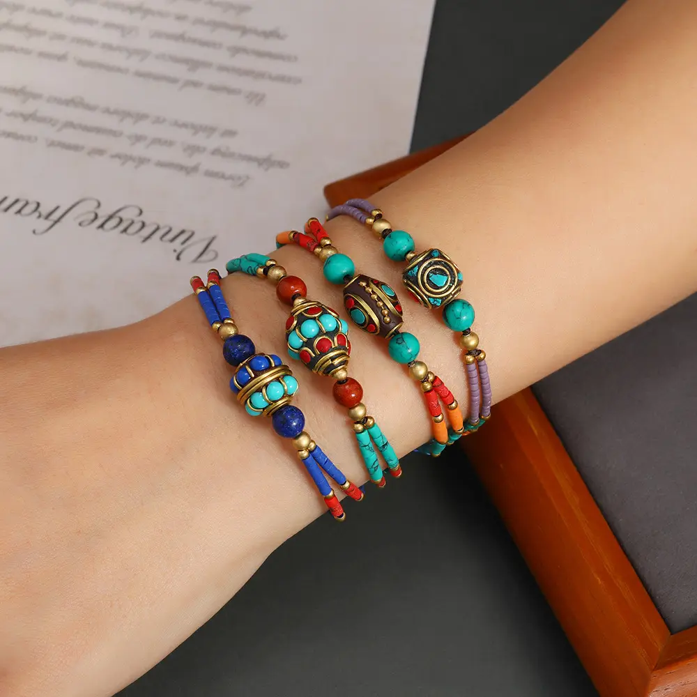 Bohemian Style Retro Nepalese Beads Turquoise Frosted Stone Simple Multi-color Beaded Hand-Woven Bracelet For Women