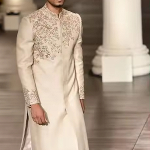 DECENT EMBROIDERY on STYLISH RAW SILK SHERWANI,<b>PANT</b> & MATCHING SHOE WITH EMBELLISHED CRYSTAL GLASS BEADS,STONE,DABKA WORK@2024 - Product Image 1