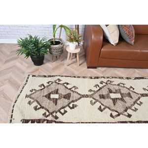 Vintage 2.4x9.9 ft Rug, Herki Turkish Rug, <b>Brown</b> Abstract Rug <b>Wool</b> - Product Image 2
