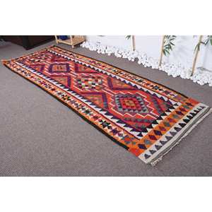 Tapis turc vintage rouge orange classique 3.1x9.6 pieds laine patchwork grande surface avec support en latex pour couloir ou chambre à coucher - Product Image 1