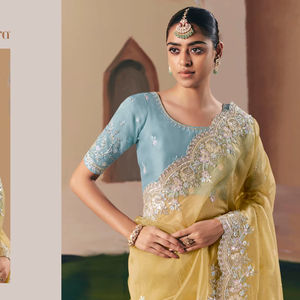 Ropa de mujer de diseñador, Sari de seda de alta calidad, tejido de vidrio suave, borde bordado, estilo tradicional moderno para boda india - Product Image 1