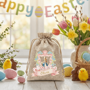 Personalized Cute Bunny Floral Wreath Ribbon Jute <b>Drawstring</b> Gift Bag Casual Name Custom Easter Hunting Party Bag for Boys Girls - Product Image 2