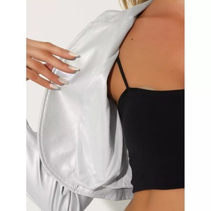 Women's Open Front Faux <b>Leather</b> Moto Biker <b>Long</b> Sleeve <b>Jacket</b> Cropped Top with Stand Collar and Zipper Front Coats - Product Image 3