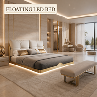 Solution de mobilier de chambre à coucher en bois flottant LED de luxe sur mesure : Lit moelleux, Armoire, Matelas, Table de chevet, Coiffeuse, Panneau mural, Hôtel