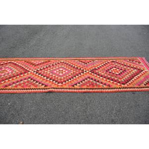 Alfombra Kilim turca clásica 3X10.2ft Rosa Naranja Patchwork Diseño Lana Viscosa Tejido plano Látex Jacquard Rectángulo Pasillo - Product Image 3