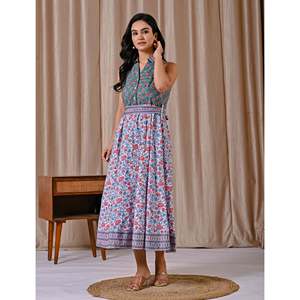 Vestido sin mangas verde marino con estampado de bloques, cuello blanco, elegante, casual, para el día a día, ODM para oficinistas, talla XS, transpirable, natural - Product Image 6