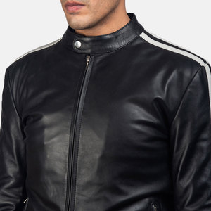 <b>Men's</b> Black PU Leather Moto <b>Jacket</b> Stand Collar Zip Front Slim Fit Regular Sleeve <b>White</b> Stripe Detail Autumn Wear - Product Image 6