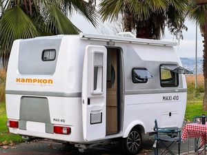 FIRMO Maxi 410 Mini Caravan 4 Person Aluminum Travel Trailer Slide-Out <b>Kitchen</b> Modern <b>Camping</b> RV White Exterior - Product Image 2