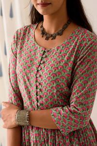 Mint Pink BlockPrint Maxi Suit Set Indian Fashion Styling Quality <b>Kurti</b> and Pants From Indian Manufacturer - Product Image 2