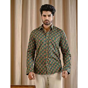 Chemise décontractée pour homme en coton vert imprimé à manches longues, tissu 100% popeline respirant et tissé avec motif à pois - Product Image 1