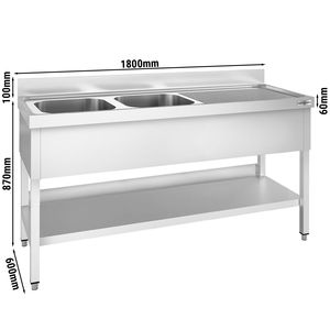 Évier commercial en acier inoxydable PREMIUM - 1800x600mm - avec double bac gauche - avec étagère inférieure - avec rebord - Product Image 2