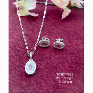 Classic Rhodium Plated Pink Zircon Shiny Oval Necklace 6.99 Gms Charms 925 <b>Silver</b> Pendant with Chain and <b>Earrings</b> US$24/<b>set</b> - Product Image 1