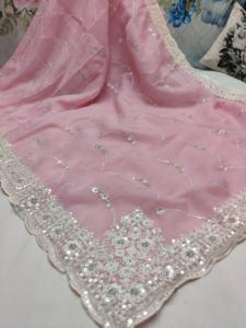 Saree en georgette pure avec bordure de séquence WHITE CODING JALL party wear - Product Image 2