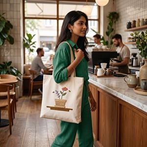 Sac fourre-tout en toile avec motif de pot de fleurs brodé, 16,0" x 14,0", style bohème, sac de shopping à ouverture supérieure - Product Image 3