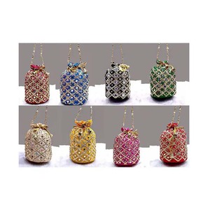 Women's Embroidered <b>Clutch</b> Purse Box Pattern Gota Patti Work Potli Bag Evening Bag with Drawstring Mirror for <b>Weddings</b> Gifts - Product Image 1